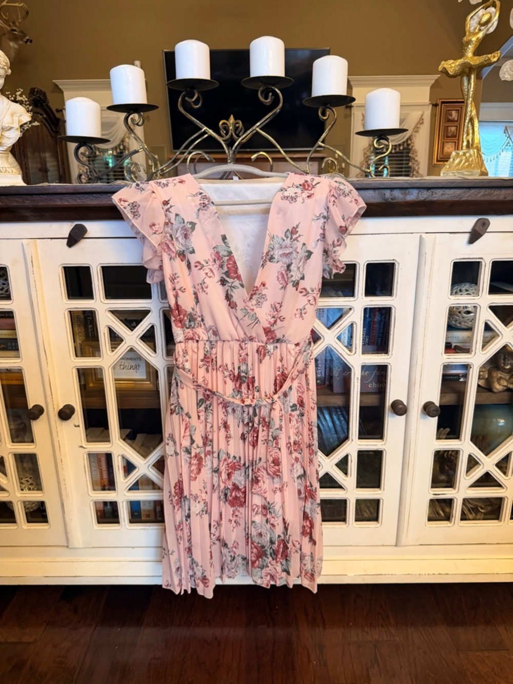 Floral Pink Pleated V-Neck Dress